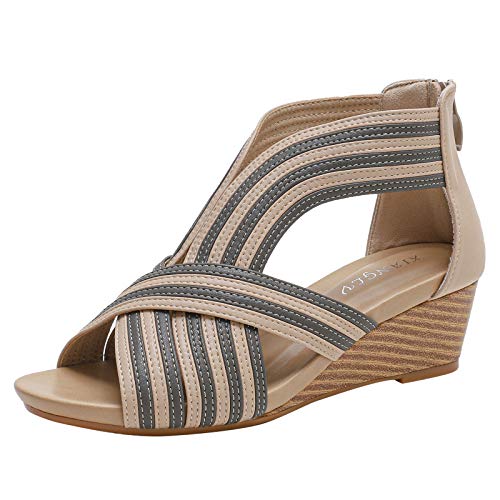 rismart Mujer Sandalias de Vestir Señoras Peep toe Medio Cuña Tiras Casual Zapatos de Verano Almendra,40