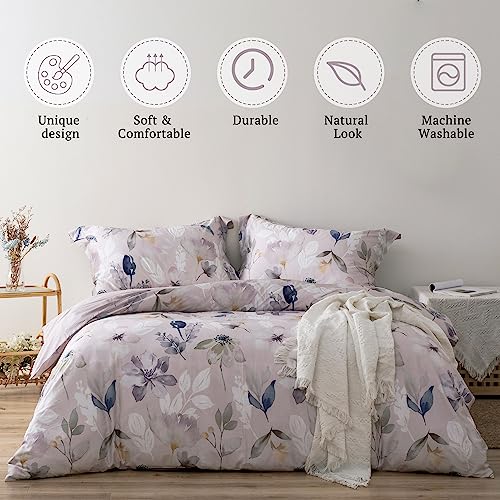 MILDLY 100% Long-Staple Cotton Duvet Cover Set Light Gray Pink Floral Leaf Pattern Printed Comforter Cover 3pcs, Ultra Soft & Breathable Bedding Set
