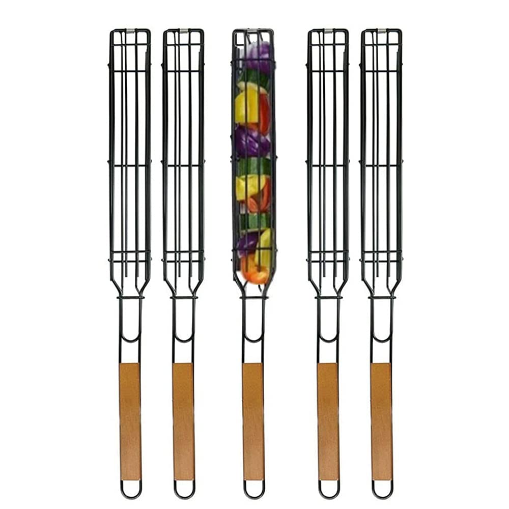 Panier à Griller Paniers à Brochettes Simples Antiadhésifs Barbecue à Poignée en Bois Anti-Corrosion pour Poisson Rôti Légumes Crevettes Fruits De Mer 5 pièces