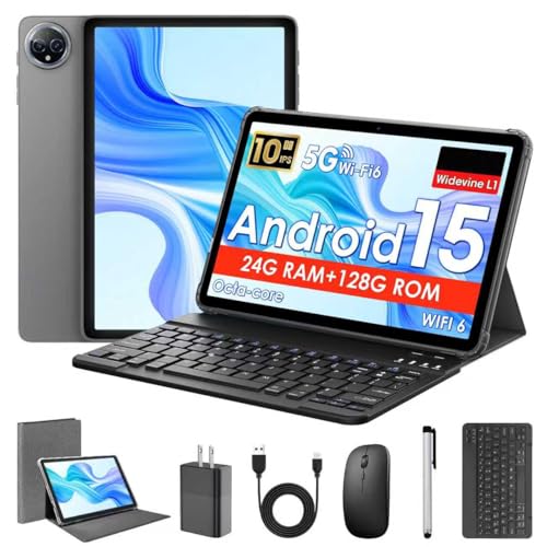 10 Inch Android 15 Tablet, 10 inch Tablets with Keyboard, 24GB+128GB, 1TB Expand, Octa-Core, 2.4G/5G WiFi, 8000mAh, BT5.4, GPS, Widevine L1, IPS Touch Screen, 2 in 1 with Case, Mouse, Stylus, Gray