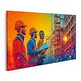 islandburner Bild auf Leinwand Bauarbeiter bei Sonnenuntergang auf der Baustelle für Wohnzimmer Architekten Baustoffhandel Bilder Wandbilder Poster