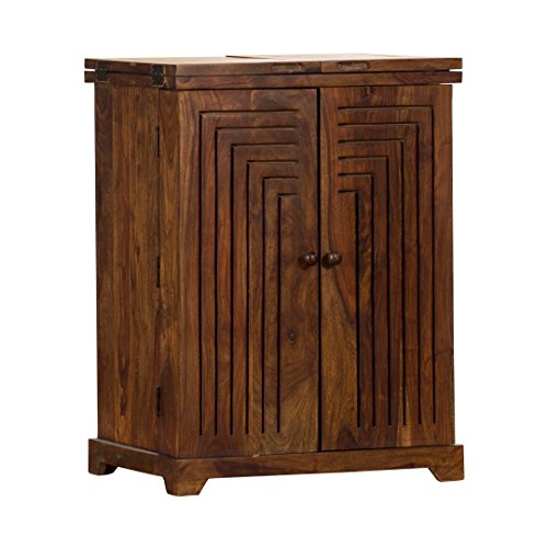 Image of MADE WOOD Sheesham Wood Home Bar Cabinet | Wooden Bar Unit with Storage Wine Rack & Glass Holder | Living Room Bar Furniture with Drawer & Doors | Provincial Teak Finish