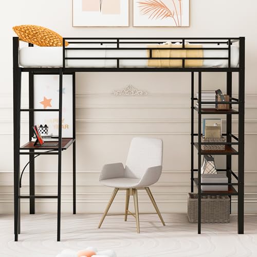 DNYN Twin Size Loft Bed with Desk & 3 Storage Shelves & Whiteboard Design,Sturdy Metal Bedframe w/Ladder & Safety Guardrails,No Box Spring Needed,Perfect for Small Space,Bedroom,Guest Room, Black