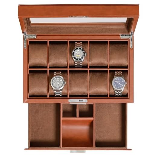 ROTHWELL 10-Slot Watch Box in Leather with Valet Drawer, Luxury Watch Case Display Organizer with Ultra Soft Microsuede Liner, Jewelry and Sunglass Holder With Large Glass top (Tan/Brown)