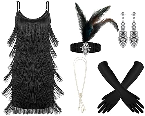 Zhanmai 6 Pcs Flapper Dress Flapper Costumes for Women 1920s Accessories Set Headband Pearl Necklace Earrings Gloves Stick(X Large,Black)