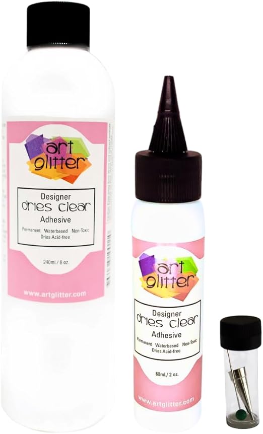 Art Institute Glitter Designer Dries Clear Adhesive Clear Glue Kit Bundle-3 Items 8oz,2oz and Metal Tip, Multicolored
