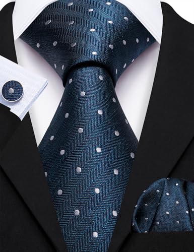 Image of Barry.Wang Ties for Men Silk Tie Sets Polka Dot Woven Necktie Pocket Square Cufflinks Business Wedding