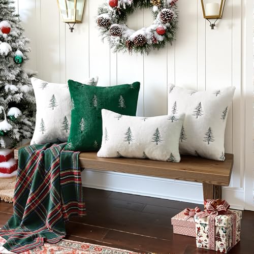 Image of MIULEE Christmas Decorative Pillow Covers Set of 2 Faux Fur Throw Pillows with Embroidered Christmas Tree 18x18 Inch White Black Winter Couch Covers for Festival Sofa Bedroom Living Room Home Decor