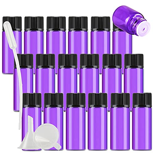 DLIBUY 50 Pack Mini 5ml Empty Purple Glass Vials Essential Oil Bottles with Orifice Reducer Black Cap for Essential Oils Lab Chemicals Cosmetic Colognes Perfume Aromatherapy Sample Bottles