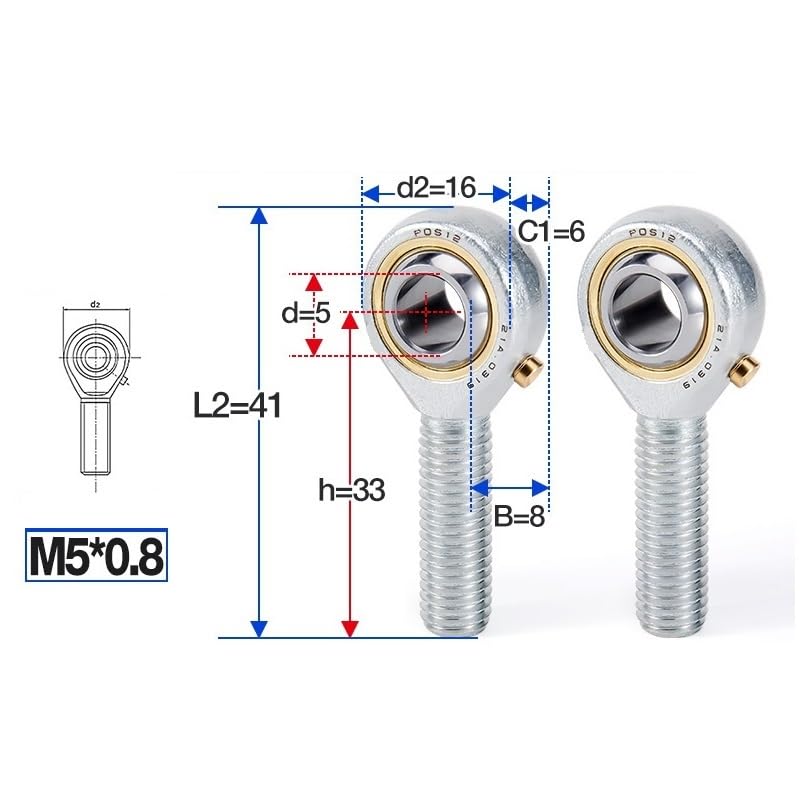 BERWENNY 1PC Rod Ends Joint Bearings Male Thread POS5/6/8/10/12/14/16/18/20/22/25/28/POS30 Spherical Plain Bearing(POS5 M5x0.8)
