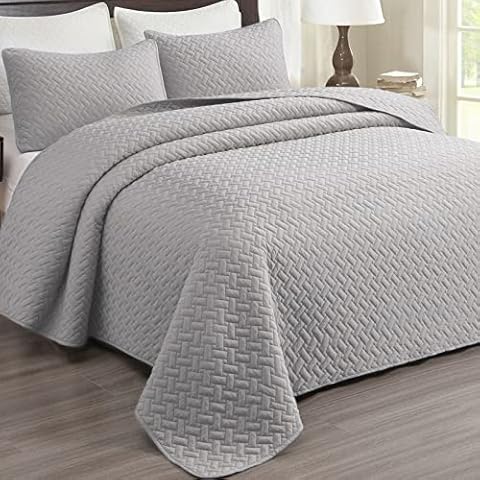 ACCOTIA Queen Quilt Set- Lightweight Microfiber Bedspread for Summer, 3 Piece Cozy Reversible Bed Coverlet with Pillow Sham for All Season (Light Grey, Queen) Cover