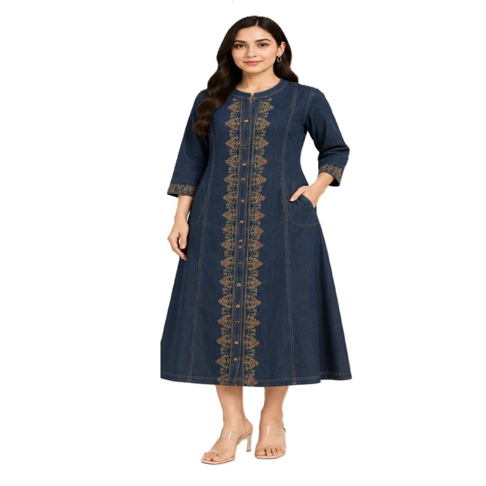 Denim Embroidery Dress for Women, Best Collection Dark Blue-picture-45