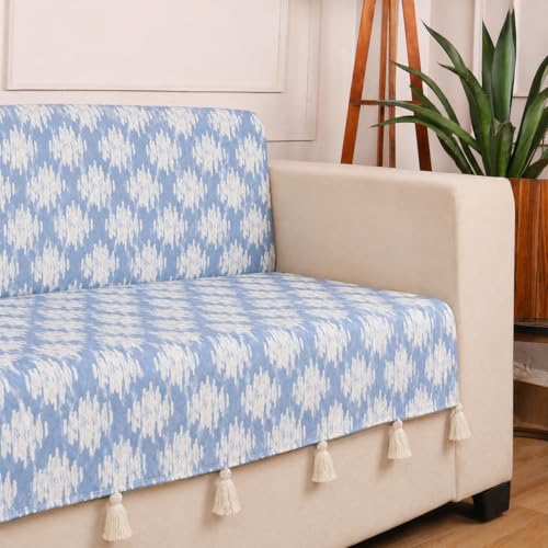 Image of STITCHNEST 'Verdant Ikat Stories' 2 Seater Sofa Cover - Full Coverage| Elegant Jacquard Fabric, Decorative Tassels, Washable & Durable for Modern Living