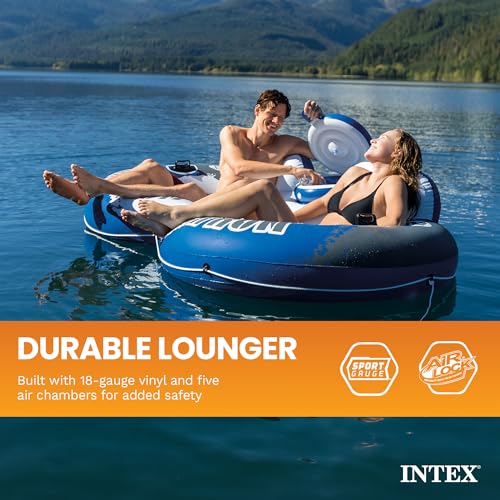 Image of INTEX 58837EP River Run 2 Inflatable Floating Lounge: Comfortable Backrests - Built-in Cup Holders - Cooler with Lid - 2 Person - 440lb Weight Capacity