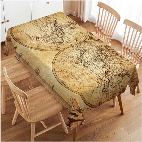 Tizhweqo Mantel Mesa Rectangular Mapa del Mundo, Manteles Antimanchas Retro, 3D Impresión Mantel Impermeable Lavable para Cocina Salón Comedor, 140x240 cm P/Q2919