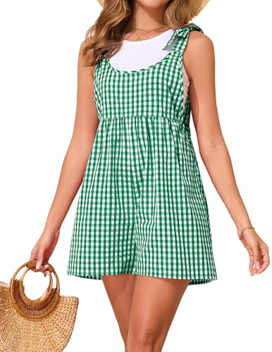 GAMISS Summer Plaid Romper Casual Cotton Womens Jumpsuit with Cute Tie Straps Sleeveless Loose Y2K Gingham Overalls Shorts Green M