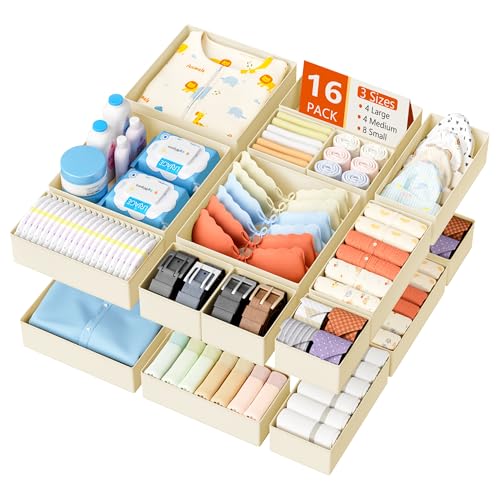 Image of DIMJ Drawer Organizer Clothes - 16 Pack Baby Dresser Organizer for Nursery, Foldable Drawer Organizer Bins for Closet Bedroom Organization, Fabric Clothes Storage Dividers for Underwears, Socks, Bras
