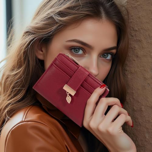Image of Pomelo Best Wallet Women Bifold Leather Wallets for Women Credit Card Holder with ID Window Zipper Coin Pocket Red