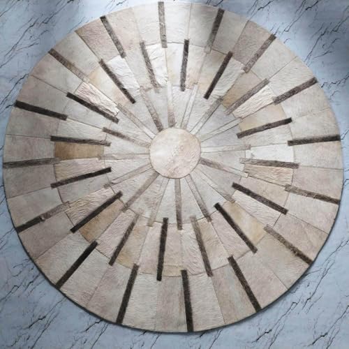 Tapete redondo de cuero vacuno 8x8 pies beige y gris miniatura 2