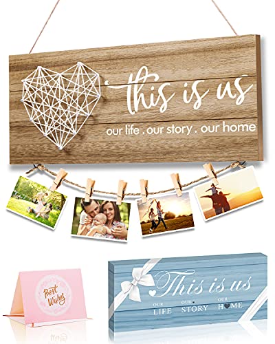 Home Decor New Home Gifts -This is Us- Home Sign for Rustic Farmhouse Wall Living Room with Clips and Twine for Picture Hanging, Gifts for Housewarming New Homeowners (Beech)