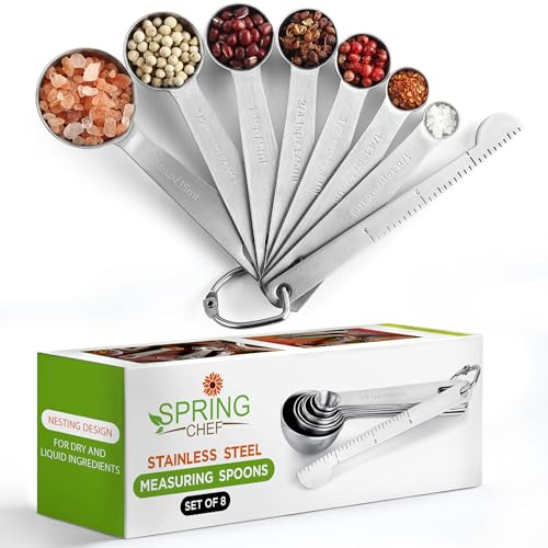 Spring Chef Stainless Steel Measuring Spoons Set of 8 with Leveler, Round Metal Teaspoon & Tablespoon Measuring Spoons - Nesting Kitchen Gadgets For Baking & Cooking, Dry & Liquid Ingredients