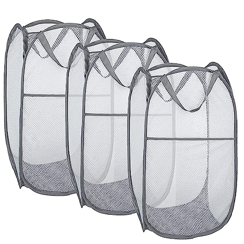 Image of Larpur Pack of 3 Pop up Laundry Hampers, Collapsible Laundry Baskets, Portable Mesh Clothes Hampers for Home Room, College Dorm, Apartment, Foldable Hamper with Carry Handles, Gray