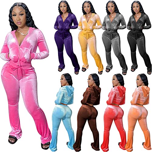Yidengymx Womens Velour Jogger Tracksuit Two Piece Outfits For Women, Long Sleeve Hooded Zip Up Crop Tops Jacket Flared Pants Matching Set Sportswear Jogging Sweatsuit With Pockets #TOP5