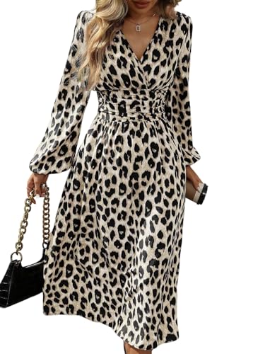 SweatyRocks Maxikleider Damen Elegant Langarm Leoparden Kleid Wickelkleid Leo Winterkleid Rüschenkleid Mit Leo Print Herbstkleid Langes Blusenkleid Khaki XL