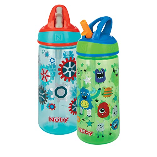 Image of Nuby 2 Pack Iridescent PP Flip-it Kids On-The-Go Printed Water Bottle with Bite Proof Hard Straw - 18oz / 540 ml, 18+ Months, 2 pk, Robot & Friendly Monster Print