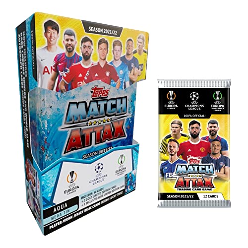 2021-22 Topps Match Attax Champions League Cards - Aqua Mega Tin + Bonus 6-Card Promo Pack (76 Cards + 3 LE Gold Cards & 1 LE Aqua Pulisic Card)