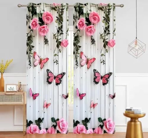Image of Digital Printed Window Curtain 7 Feet | Pink Butterfly Floral Design | Eyelet Grommet Top Polyester Curtain for Living Room, Bedroom, Door & Home Decor | White | 1 Panel