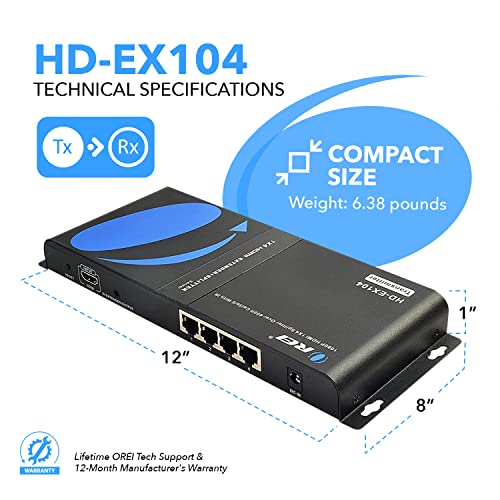 Image of OREI 1x4 HDMI Extender Splitter Over Single Cable CAT6 /7 1080P with IR Remote EDID Management - Up to 400 Ft - Loop Out - Low Latency Black