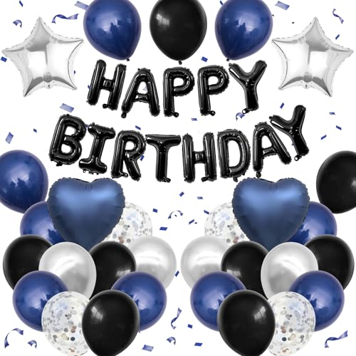 Navy Blue and Black Birthday Decorations for Men Blue Black White Balloons Happy Birthdays Balloon Banner Silver Confetti Balloons for Men Boy Girls Women Adults Birthday Party Decorations
