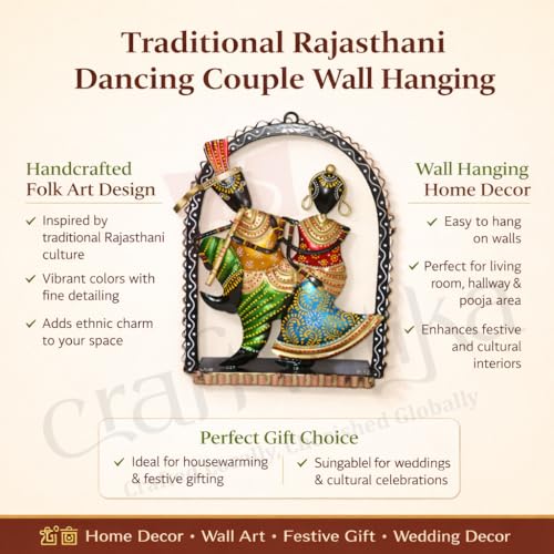 Image of CraftVatika Metal Wall Decor, Home Wall Table Decoration Items for Living Room, Handpainted Dancing Radha Krishna Wall Hanging Decorations, Wedding Anniversary Return Gift for Women, (10 Inch Height)