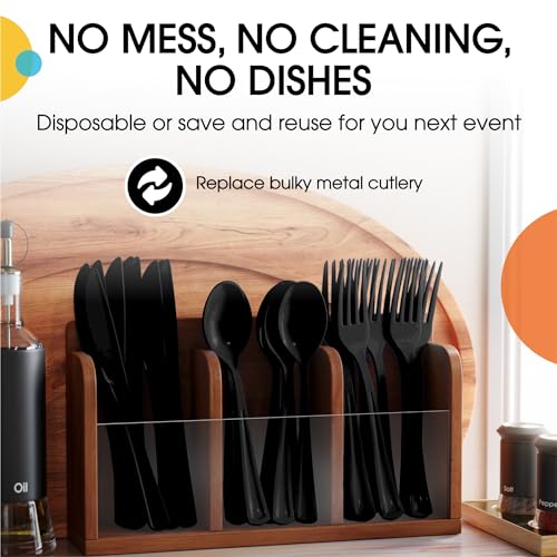 Party Solids Black Plastic Silverware Heavy Duty 150 Pieces Black Plastic Cutlery Sets, Utensil Sets, 50 Of Each Forks, Knives & Spoons Disposable Cutlery Set, Flatware Set For Party Supplies - Image 6