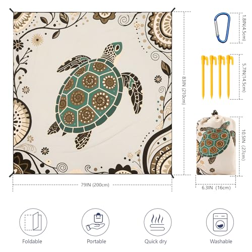 Image of WIWIGO Beach Blanket Waterproof Sandproof Beach Mat 79 inch X 83 inch /10'x9' for 2-8 Adults Turtle Pattern Picnic Mat Beach Accessories for Travel, Camping, Hiking
