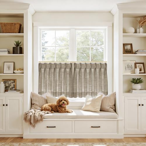 Image of TWOPAGES 42 inch inch W x 45 inch inch L Linen Blend Cafe Curtains for Kitchen Window, Light Filtering Pinch Pleated Tier Curtains, Modern Farmhouse Half Window Curtains for Bathroom, Dim Gray, 2 Panels