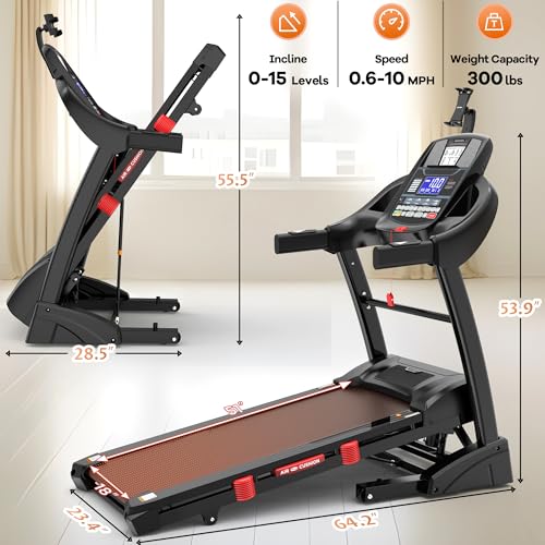 Image of Portable Treadmill 300lbs Capacity, 4.5 HP Folding Treadmill for Home w / 15% Auto Incline, 64+3+3+1 Programs, APP Control, Exercise Equipment with HiFi Speakers, Pulse Sensor, Adjustable iPad Holder