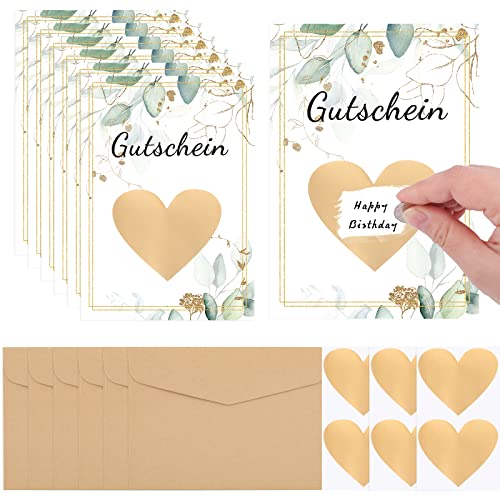 DIY Rubbelkarten mit Umschlägen Set, 6 Stück Rubbelkarten Selbst Beschriften, mit 6 Kraftpapier Umschläge, und 3 Herzform Kratzfilm, für Geburtstag, Party, Hochzeit etc.