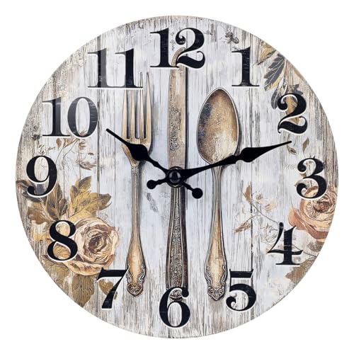 Keepcross Kitchen Wall Clock Fork and Spoon Cutlery Theme Rustic Retro Decorative Glass Clock for Kitchen Dining Room, 8 Inch Battery Operated