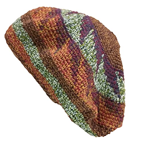 Large Tam Beret Slouchy Cap Hat Crochet Cotton Burnt Orange Rust Green Earthtone Pinwheel