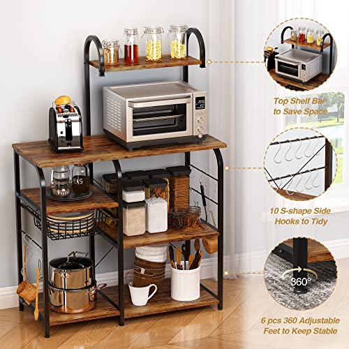 Mr Ironstone Bakers Rack Microwave Stand Kitchen Cart 35.5" Microwave Cart 3-Tier+4-Tier Kitchen Shelves For Spice Rack Organizer Coffee Station With 10 Hooks, Easy To Assemble (Vintage) #TOP3