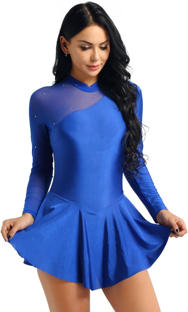 Agoky Women's Long Sleeve Mesh Patchwork Leotard Dancewear Gymnastics Figure Ice Skating Dress Short Skirted