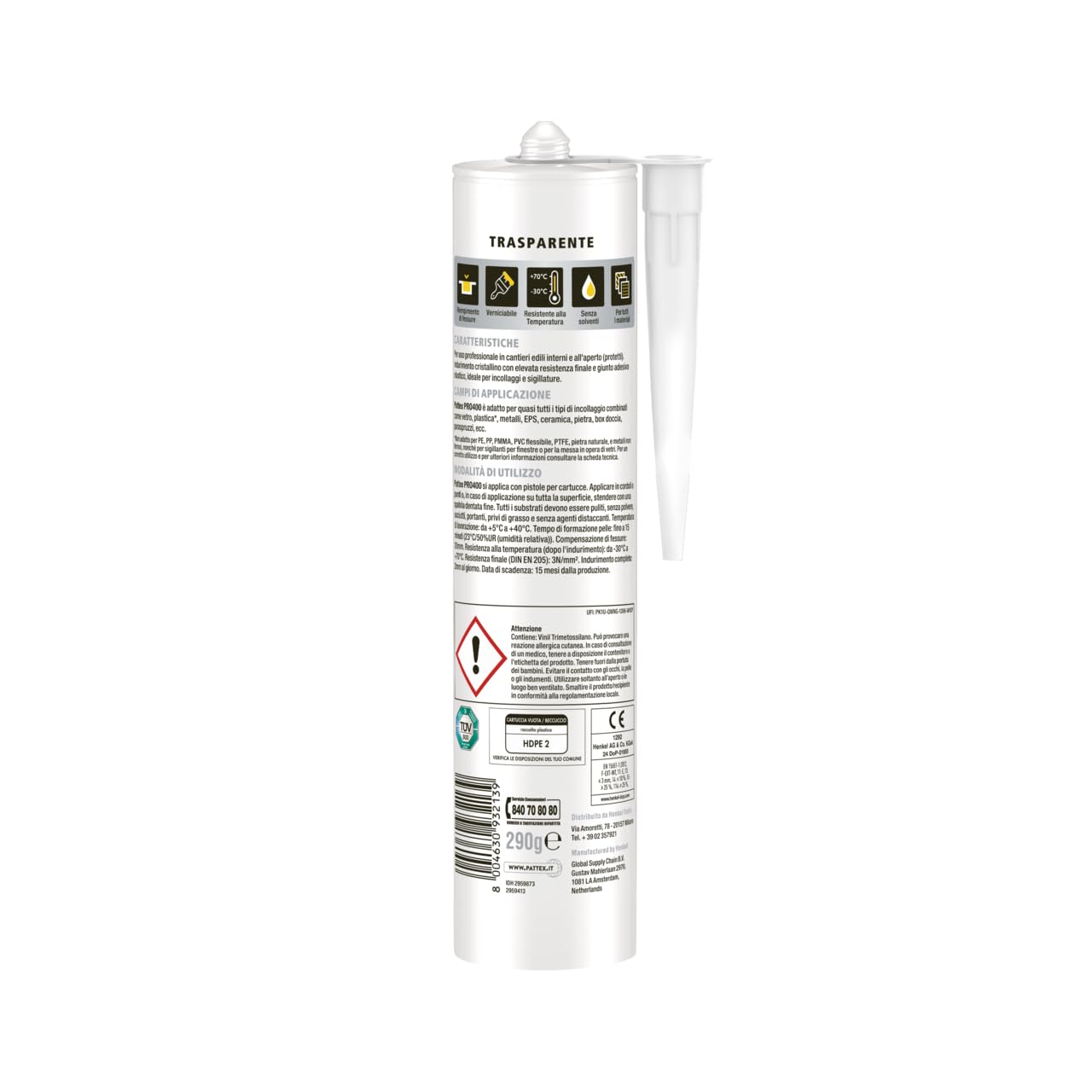Pattex PRO 400 Crystal Adesivo Sigillante Ottimale per Vetri e Specchi, Adesivo di Montaggio di Qualità, Colla Potente per Molti Materiali, 1 Cartuccia da 290 g