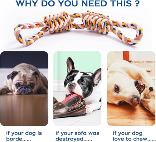 7WUNDERBAR Hund Seil Kauspielzeug Set - 2 Stück Spielzeug 55cm aus Baumwollseil, 3 Knoten Tau Zerrspielzeug Unzerstörbar für Mittlere und Kleine Hunde