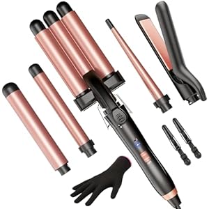 5 in 1 Wand Curling Iron-Kinked Curling Wand Set with Flat Iron Hair Straightener, 3 Barrels Hair Crimper, 3 Ceramic Curling Irons (0.35″-1.25″), 2 Temps Fast Heat Hair Waver Curler with Glove & Clip