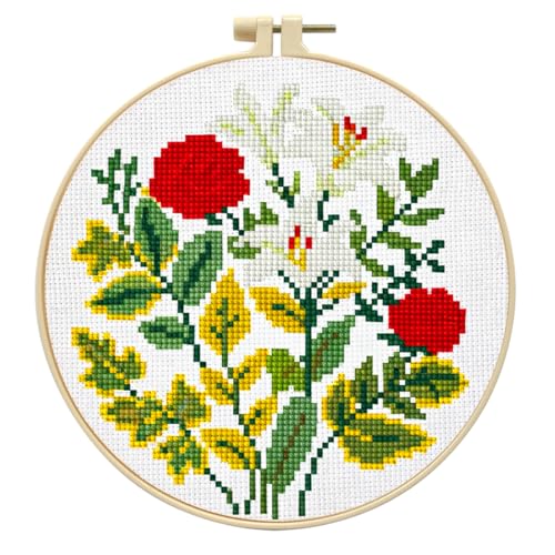 Image of Zhenqing Rose and Lily Cross Stitch Kit for Beginners - 11CT 24x24cm Pre-Printed Pattern with Embroidery Hoop, Threads & Tools, Floral Design(70519)