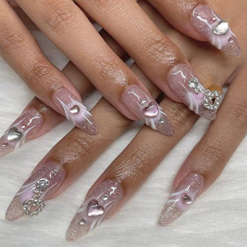 Misud Almond Press On Nails Medium Stiletto Fake Nails Glossy Glue On Nails Bling Glitter Pink Artificial Acrylic Nails Luxury 3D Heart Rhinestone Stick On False Nails 24 Pcs #TOP10