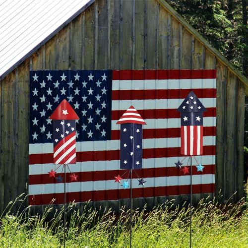hogardeck 4th of July Decorations Outdoor, 36” Set of 3 Metal Firework Decorative Garden Stakes for Fourth of July Decorations, Patriotic Yard Firecracker Signs for Garden Memorial Day Decorations - Thumbnail 6