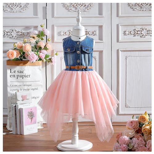 Little Girls Denim Dress Sleeveless Tops Stitching Irregular Hem Tulle Tutu Skirt One Piece Outfit with Belt2